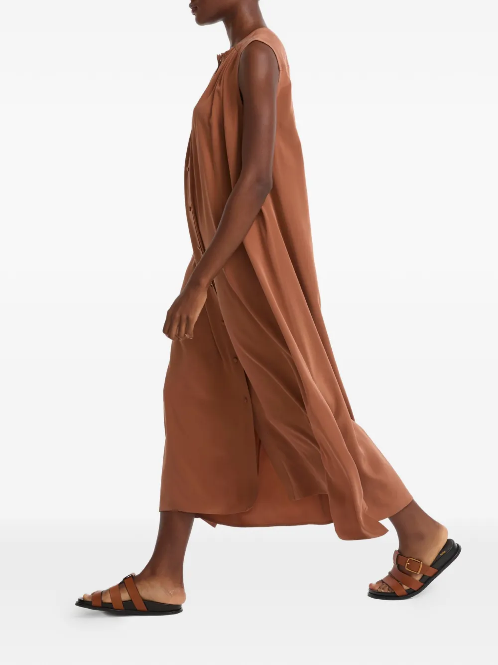 Yves Salomon Sleeveless Buttoned Shirt Midi Dress in Brown, view 3