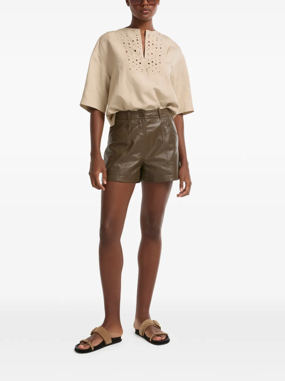 Yves Salomon Buttoned Leather Mini Shorts in Brown, view 2