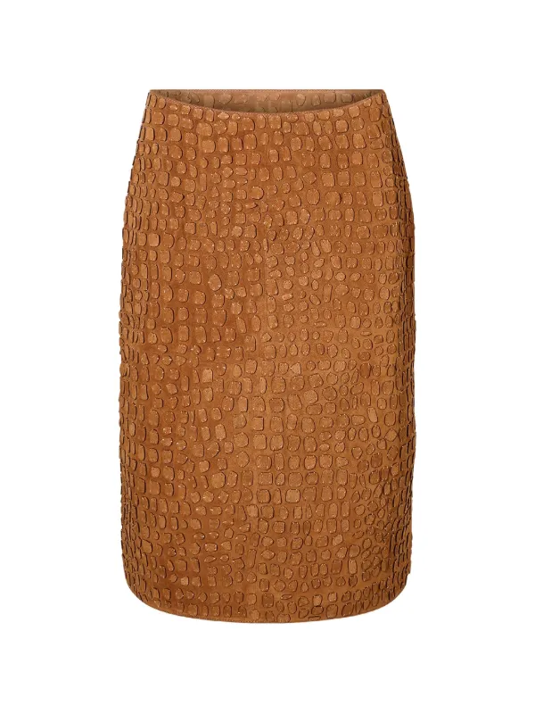 Yves Salomon Crocodile-effect Midi Skirt in Brown