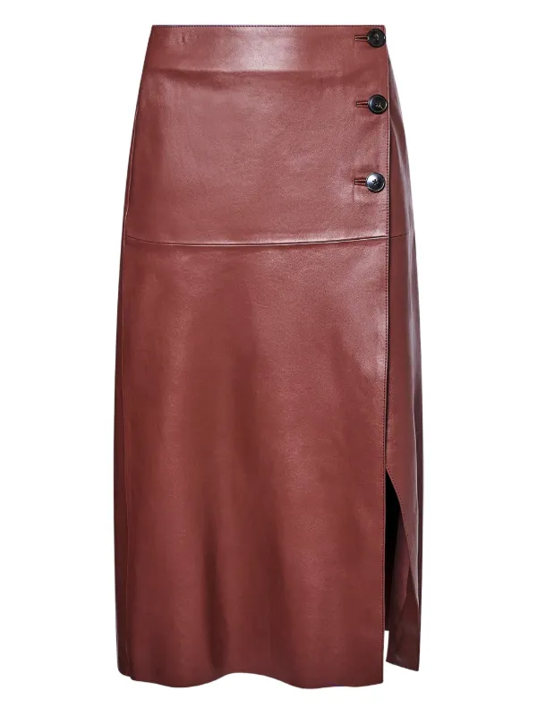 Yves Salomon Buttoned Leather Wrap Skirt in Brown