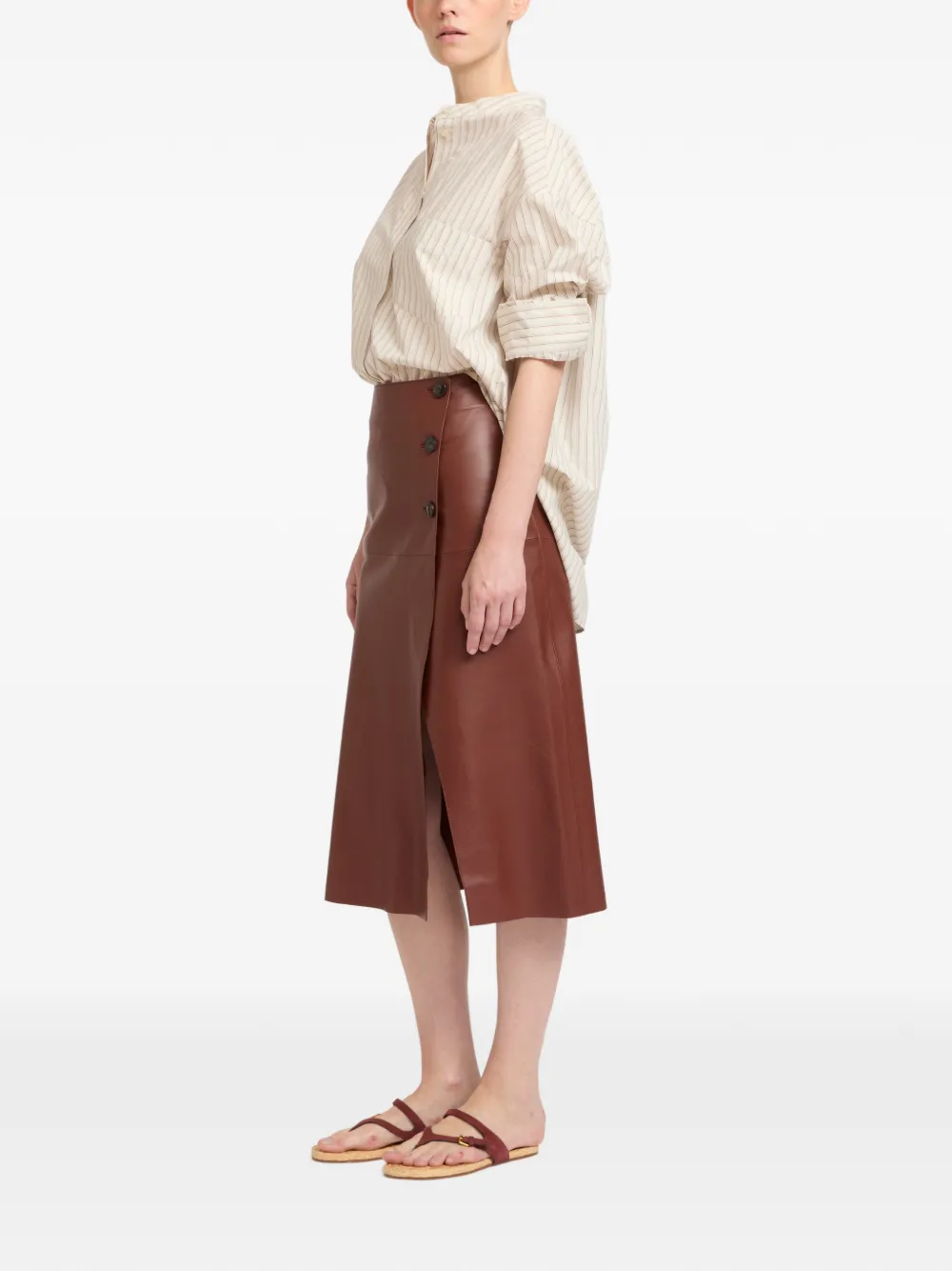 Yves Salomon Buttoned Leather Wrap Skirt in Brown, view 2
