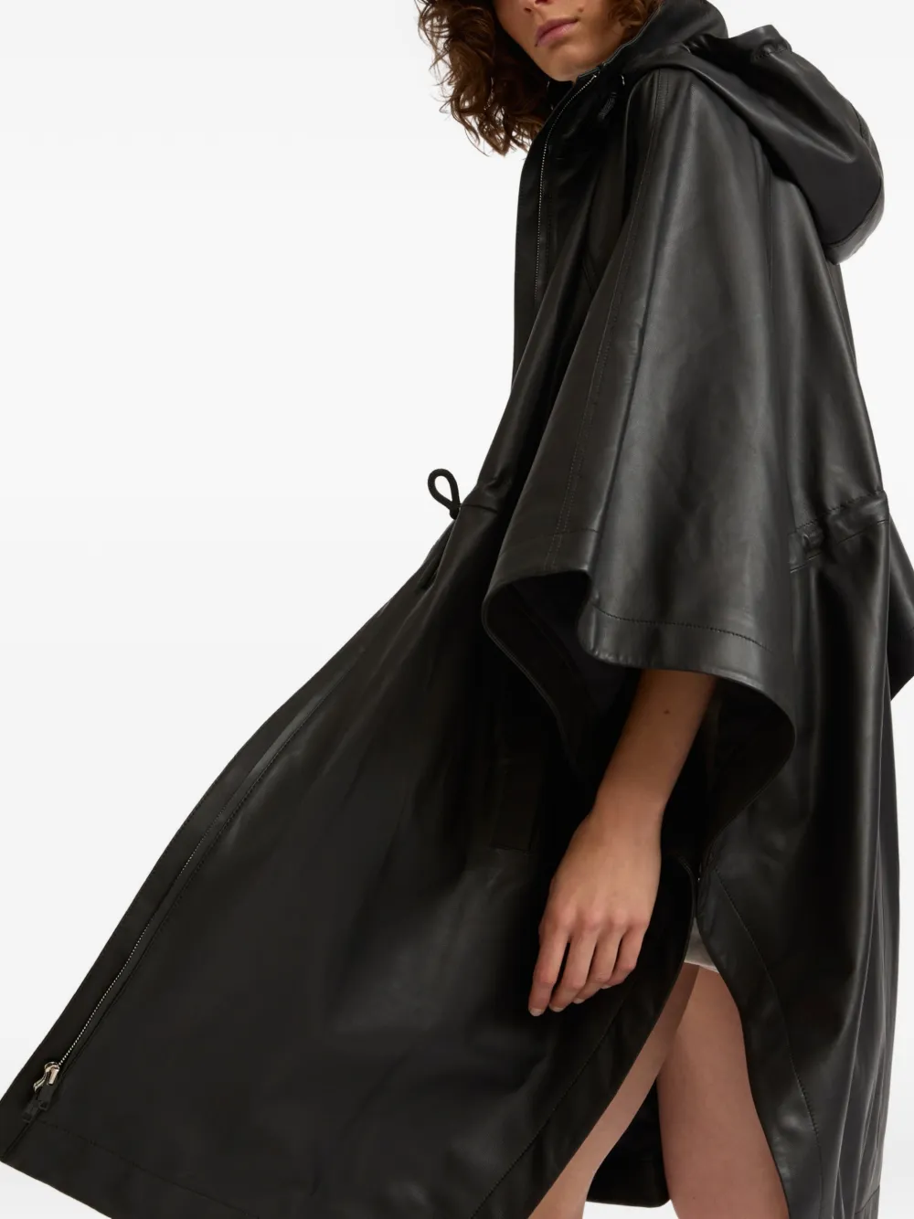 Yves Salomon Waterproof leren cape met capuchon Zwart