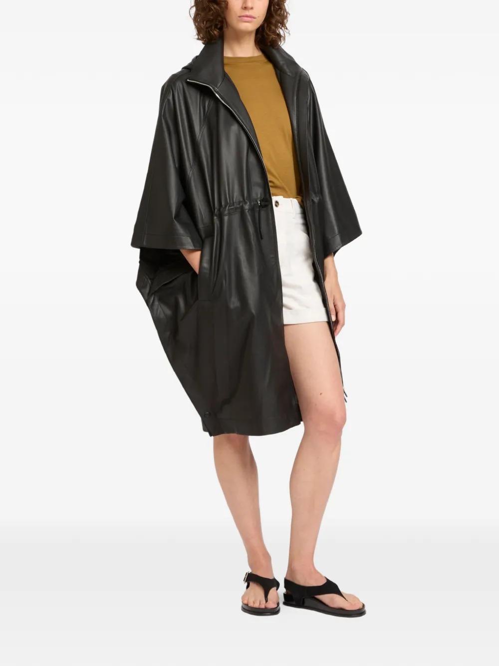 Yves Salomon Waterproof leren cape met capuchon Zwart