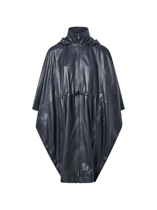 Yves Salomon Hooded Waterproof Leather Cape in Black