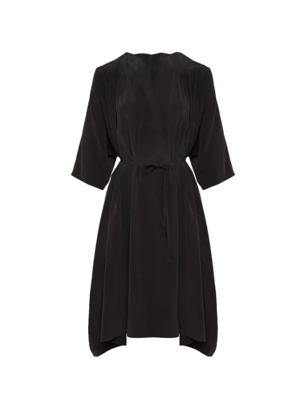 Yves Salomon V-neck Tie Silk Midi Dress in Black