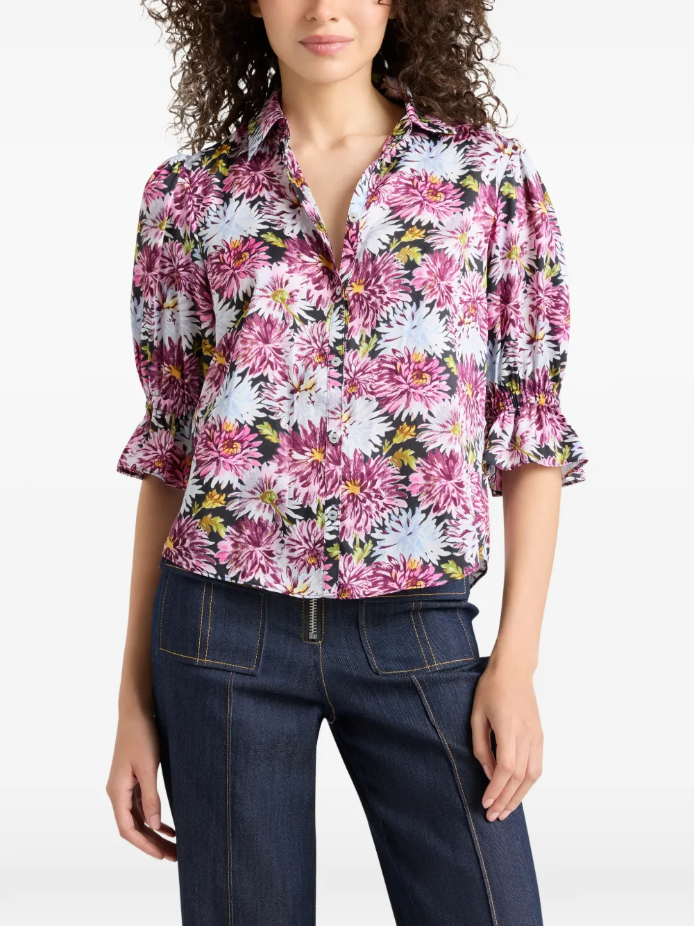  Cinq A Sept Dahlia Print Ruffled Top - Pink 