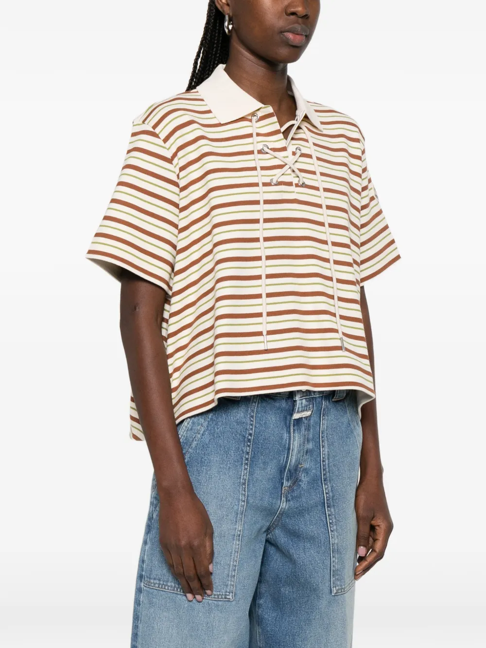  Moncler Striped Tie Polo Top - Neutrals 