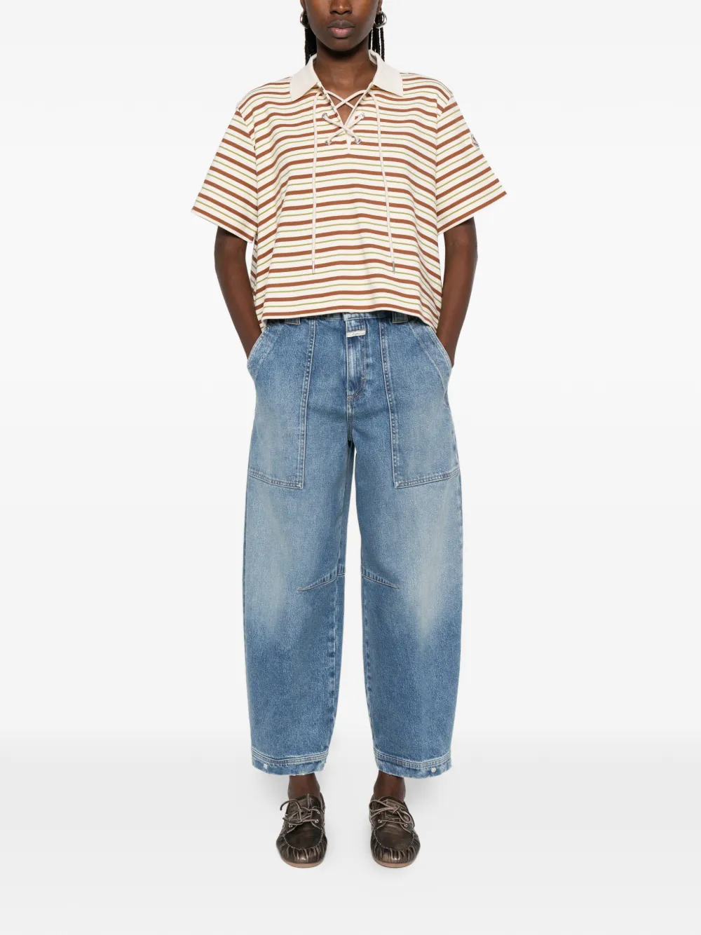  Moncler Striped Tie Polo Top - Neutrals 