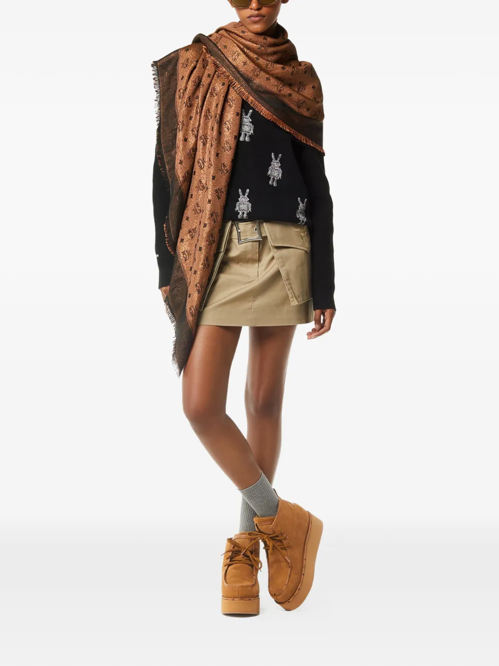 Mcm Monogram-pattern Shawl In Brown