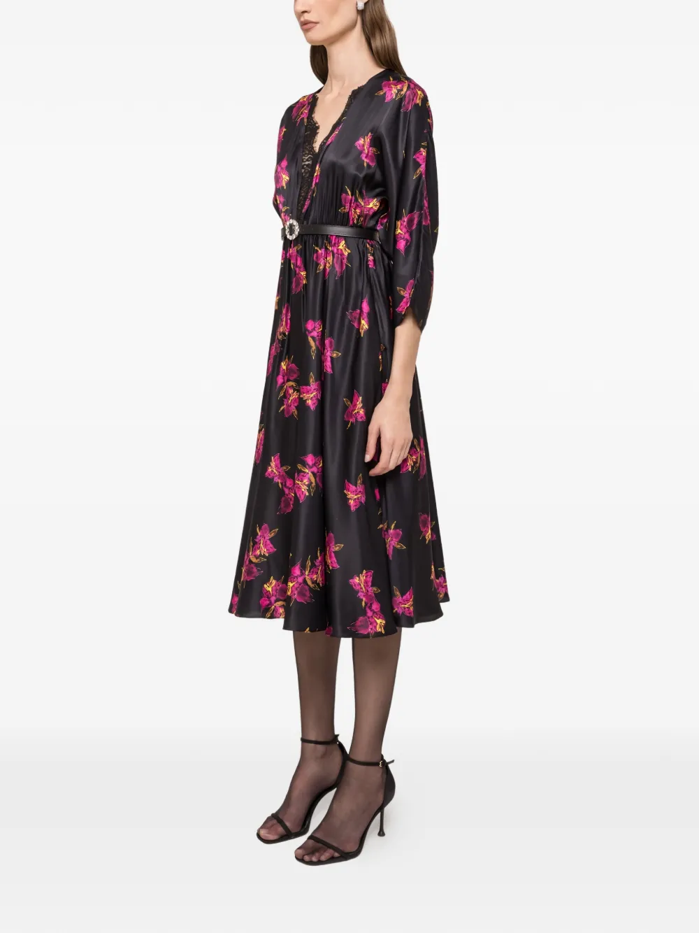 NISSA Jurk met bloemenprint en kant - Zwart