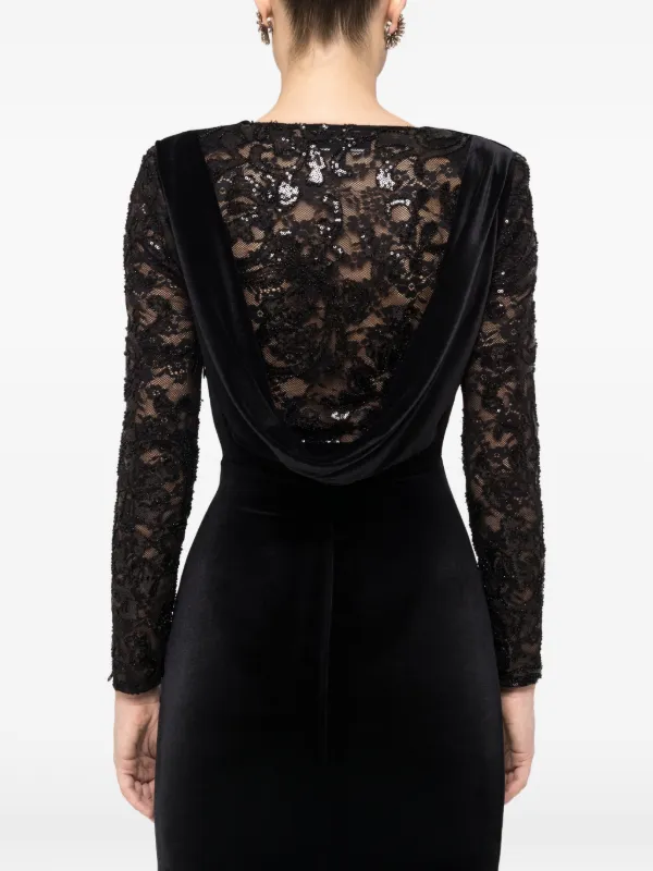 chinese dress ladies Crepe Dress with Lace Detail in Black
