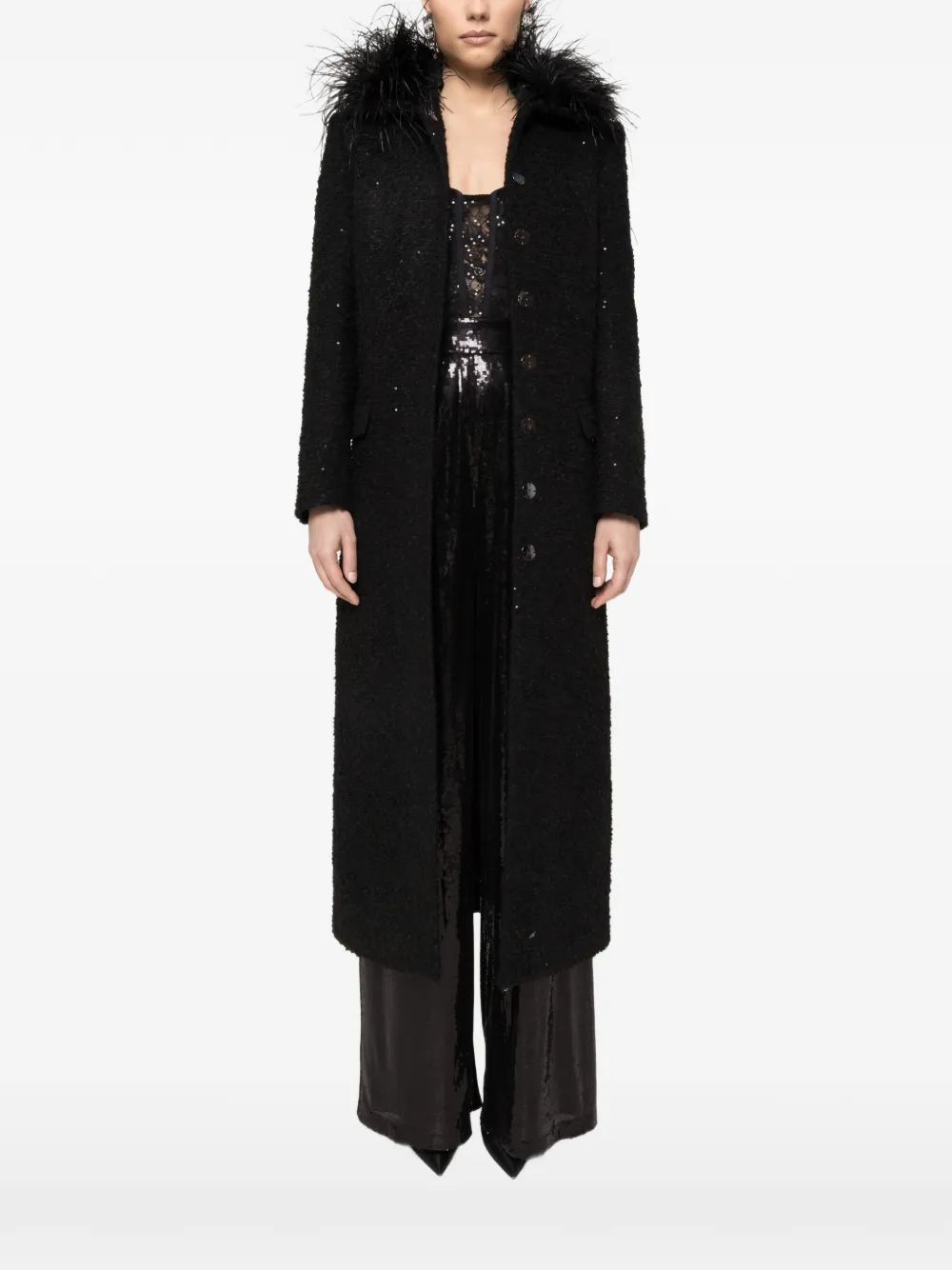 NISSA ostrich feather-detail bouclé coat - Nero