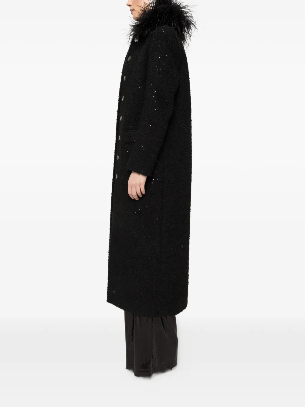 Nissa Feathers Detail Bouclé Coat - Black 