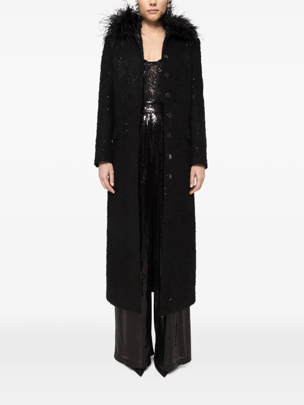 NISSA ostrich feather-detail bouclé coat - Black