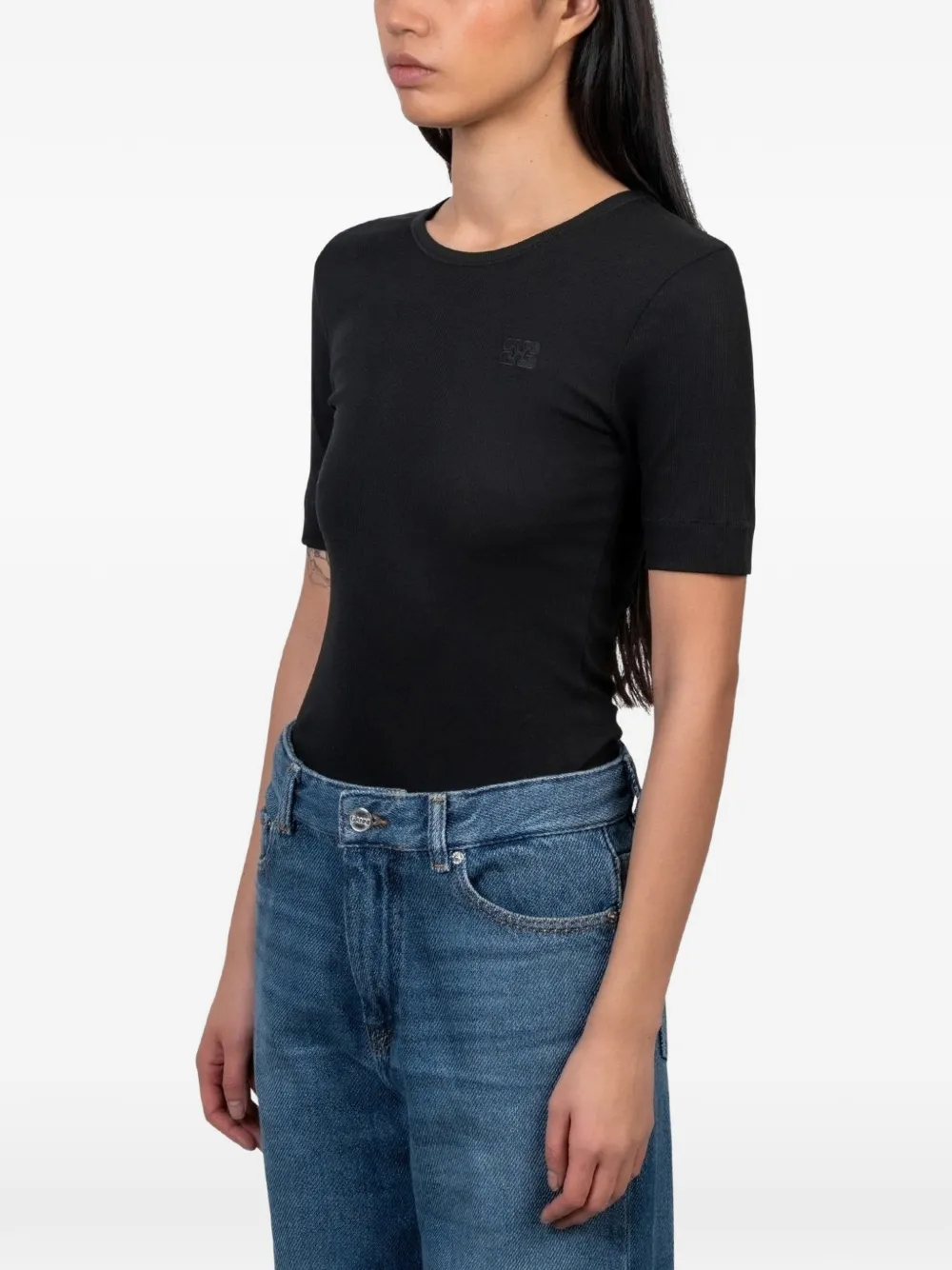 GANNI Geribbeld T-shirt Zwart
