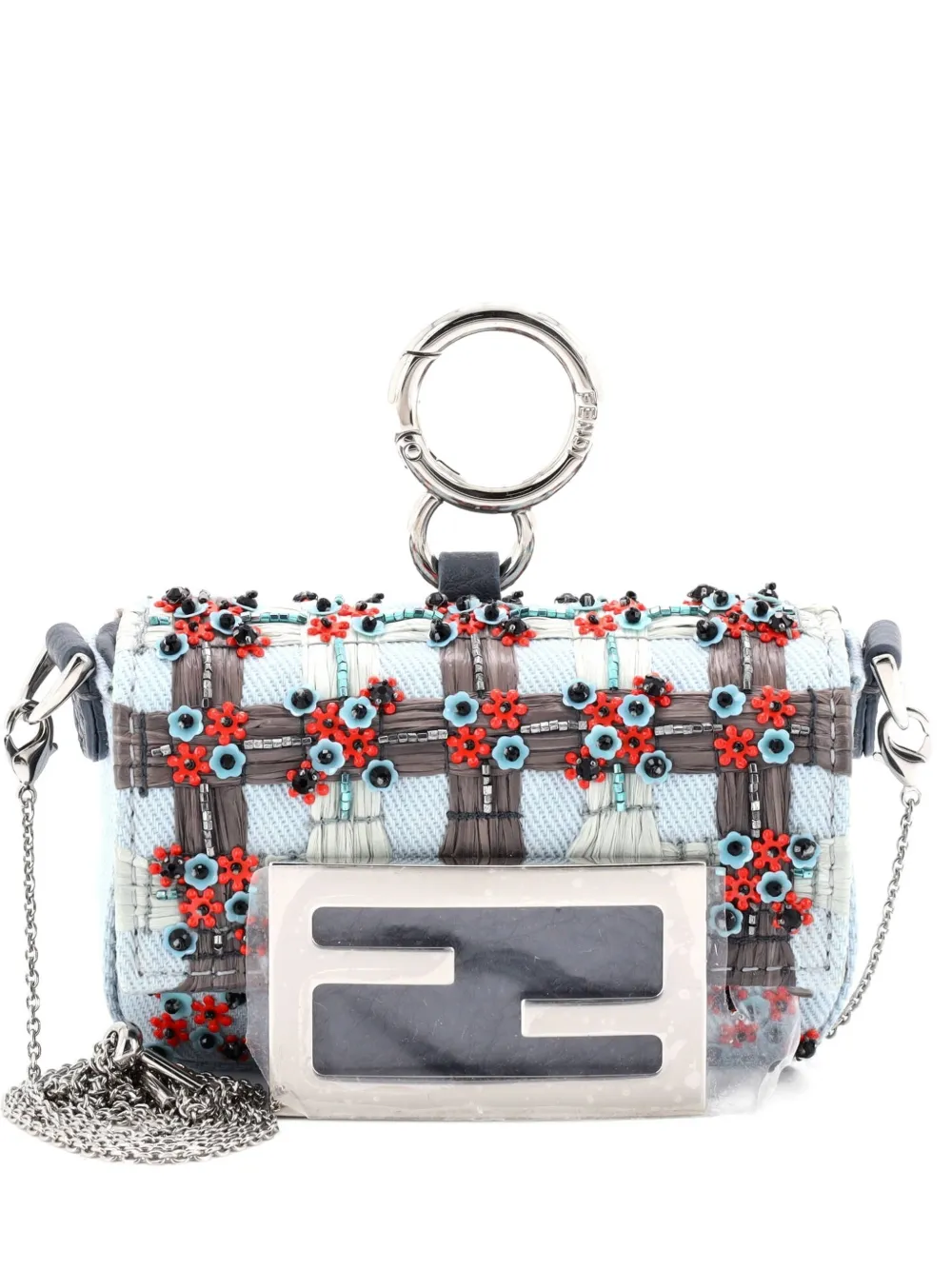 Fendi Pre-Owned Chain Baguette Charm Bag Embellished Denim Nano crossbody bag - Blu