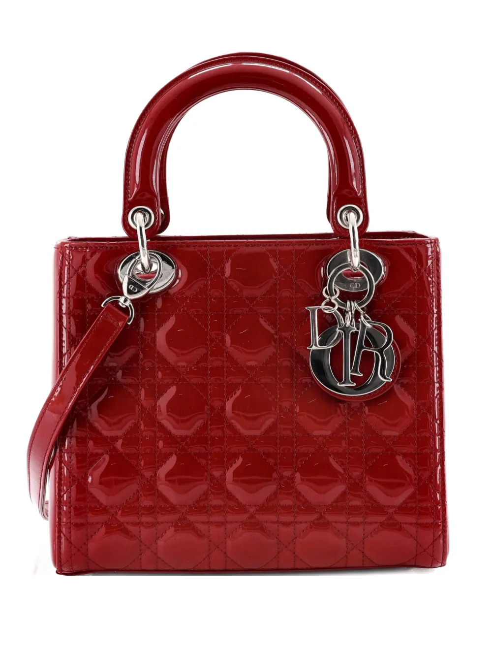 Christian Dior Pre-Owned Lady Dior Bag Cannage Quilt Patent Medium satchel - Rosso
