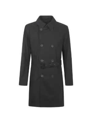 Denim trenchcoat, reverskraag, vintage, dubbele rij knopen, zwart