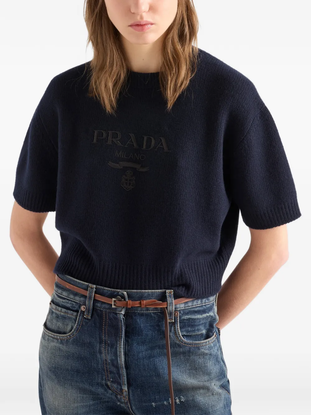  Prada Logo-embroidered Crew-neck Knitwear - Blue 
