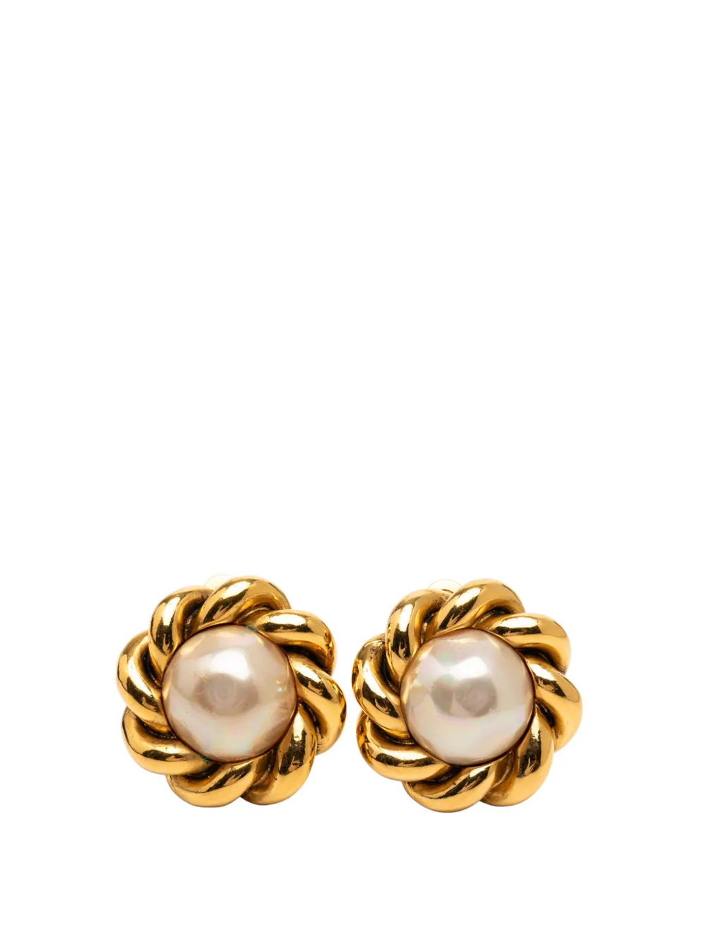 CHANEL Pre-Owned 1984 Gold Plated Faux Pearl Twisted Rope Clip On Earrings costume earrings - Bianco