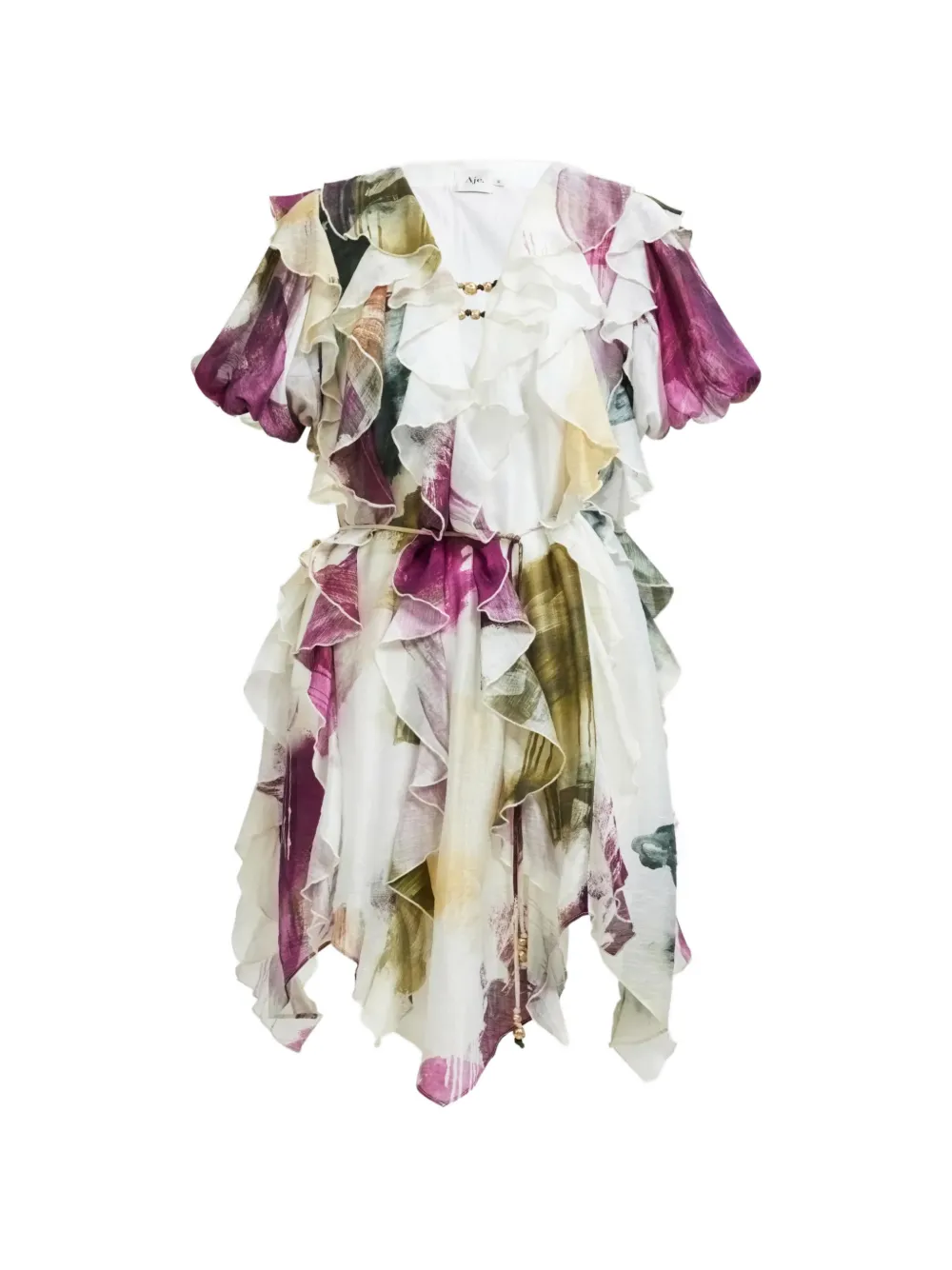 Aje Voyager Ruffled Printed Mini Dress In White