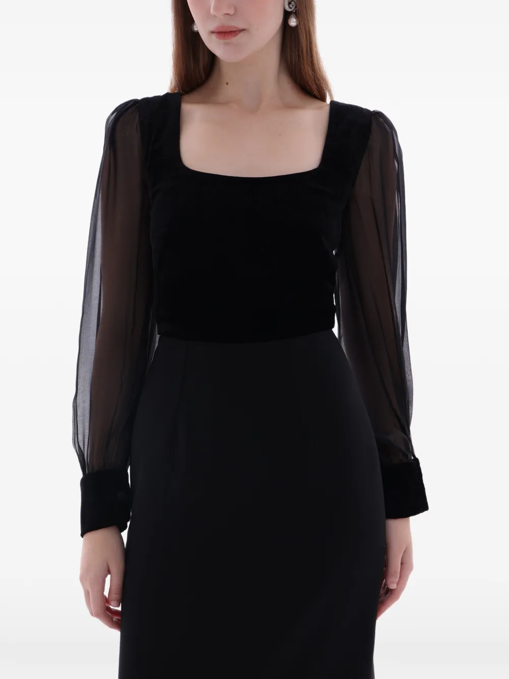 Dina Melwani Fluwelen chiffon avondjurk Zwart