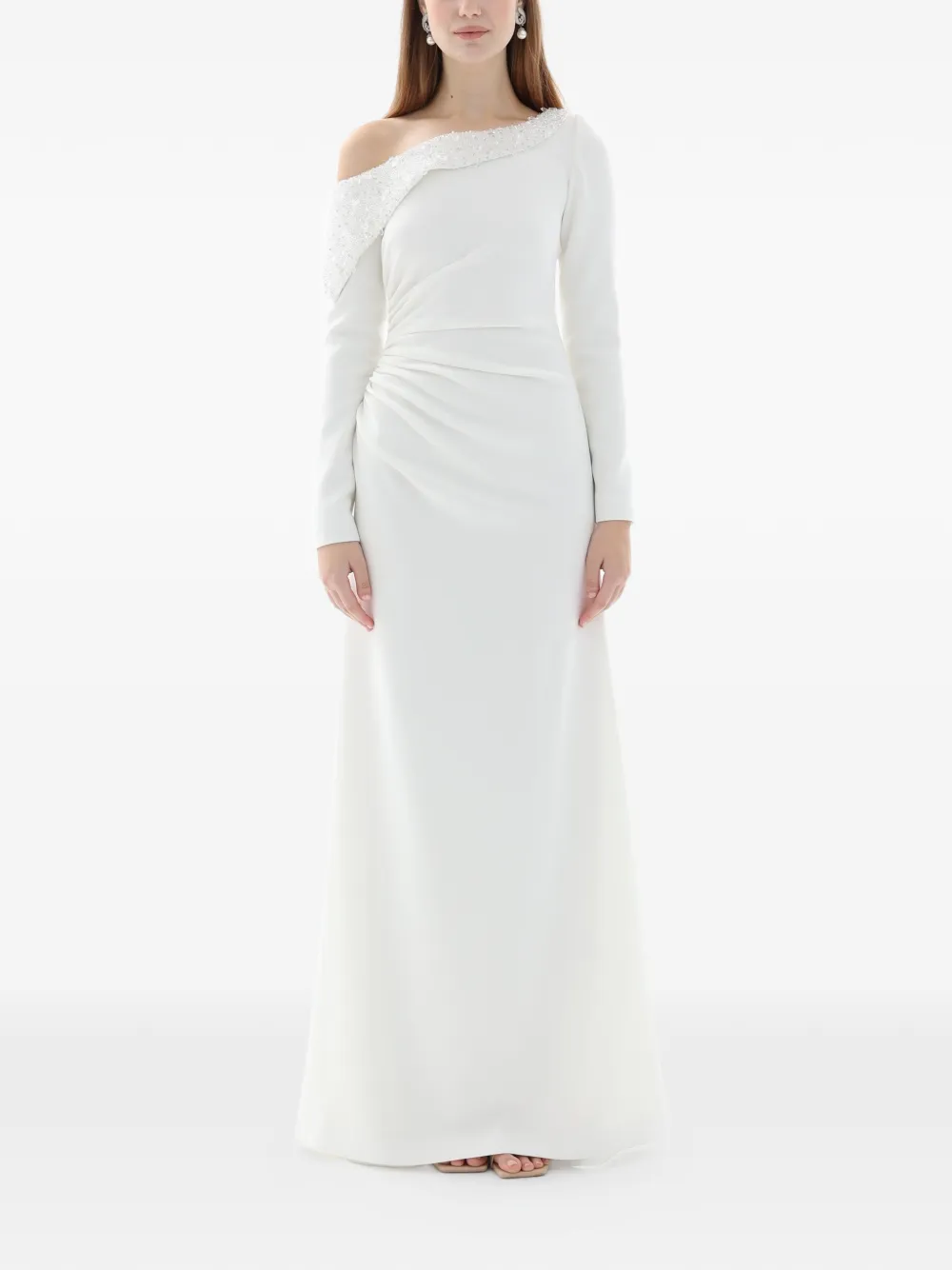 Dina Melwani crystal draped off-shoulder gown - Bianco