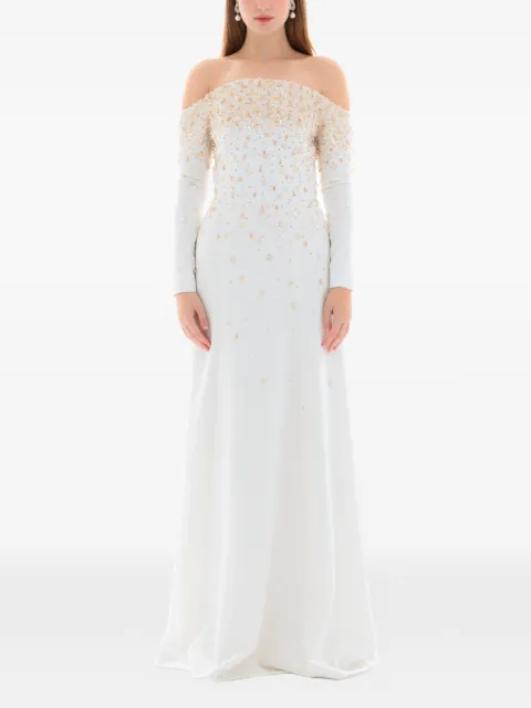 Dina Melwani pearl crystal embellished gown