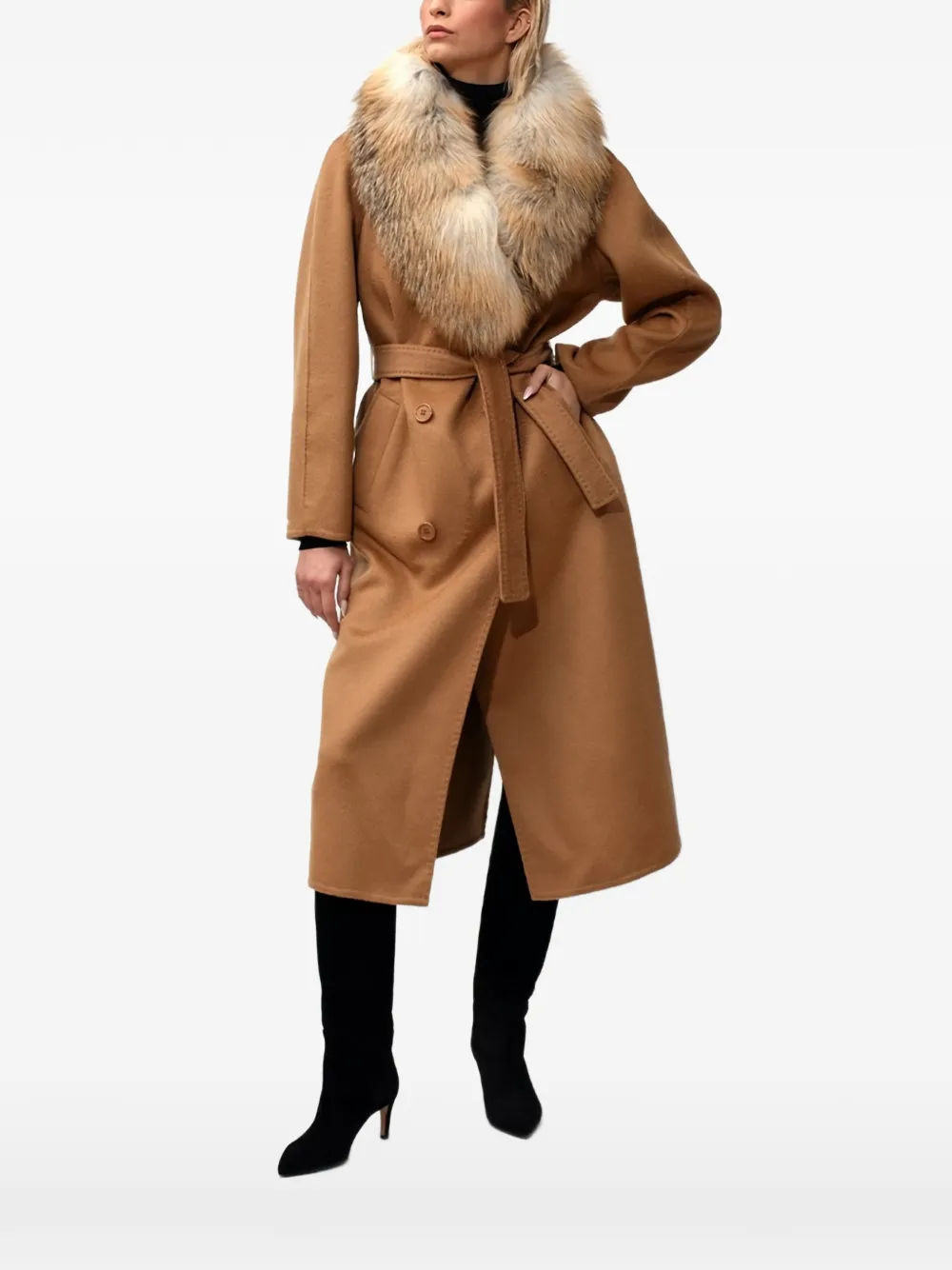 Poche Paris fur collar belted jacket - Marrone