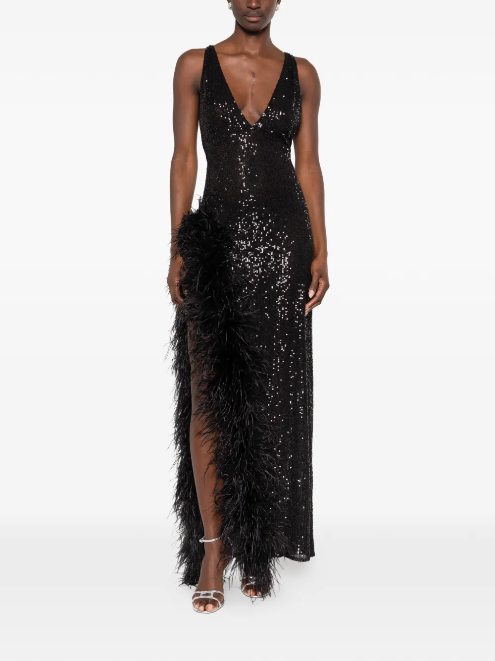 Atu Body Couture feather-trim sequined maxi dress - Zwart