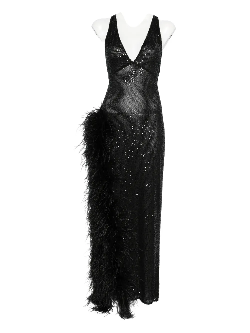 Atu Body Couture feather-trim sequined maxi dress - Nero