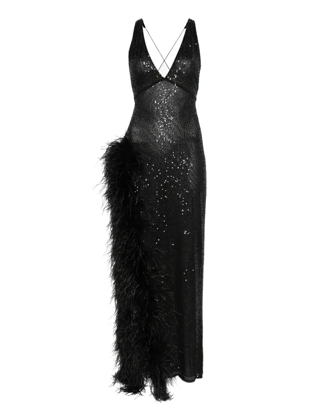Atu Body Couture feather-trim sequined maxi dress - Nero