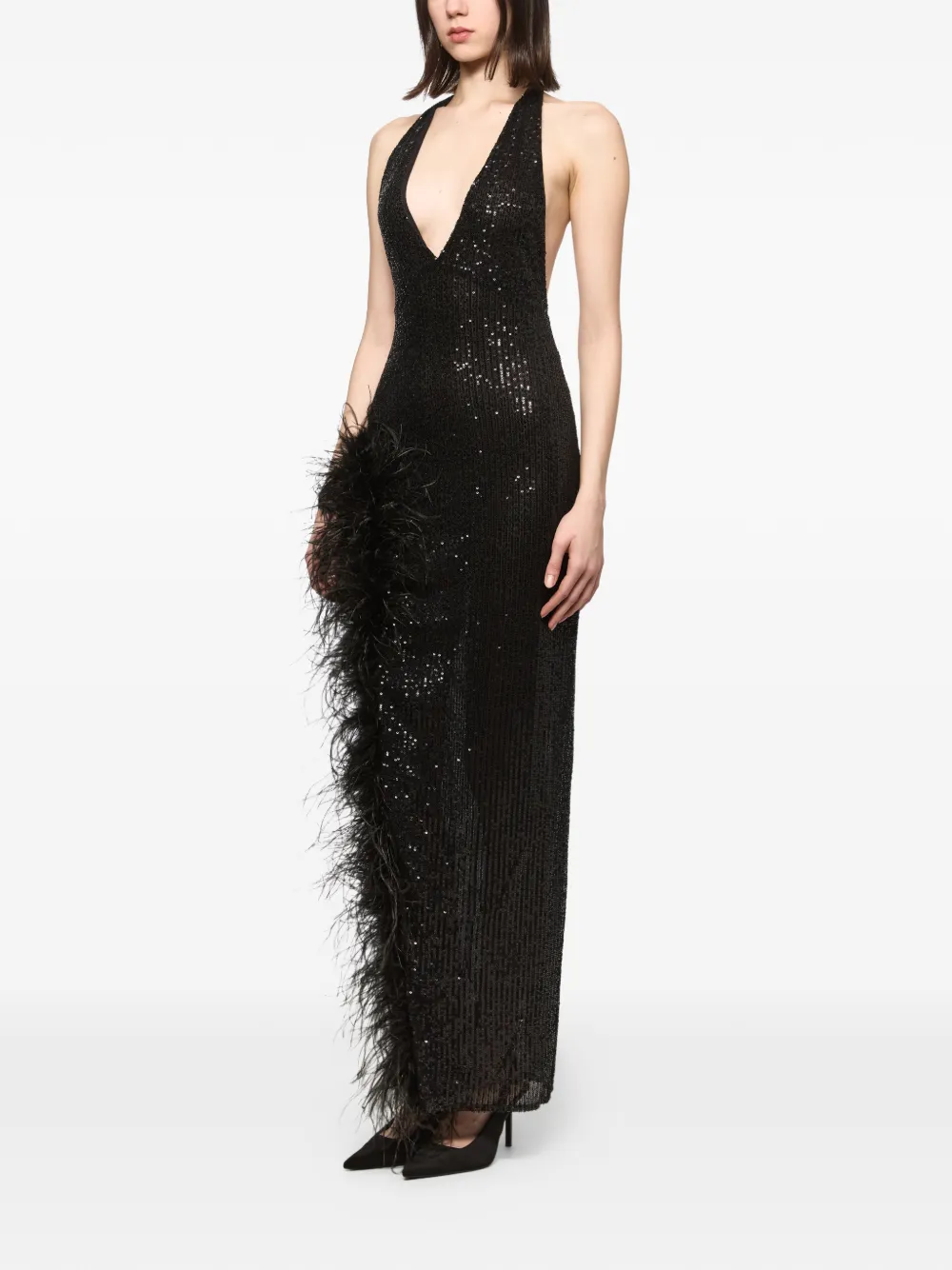 Atu Body Couture Maxi-jurk met afwerking van veren en pailletten Zwart