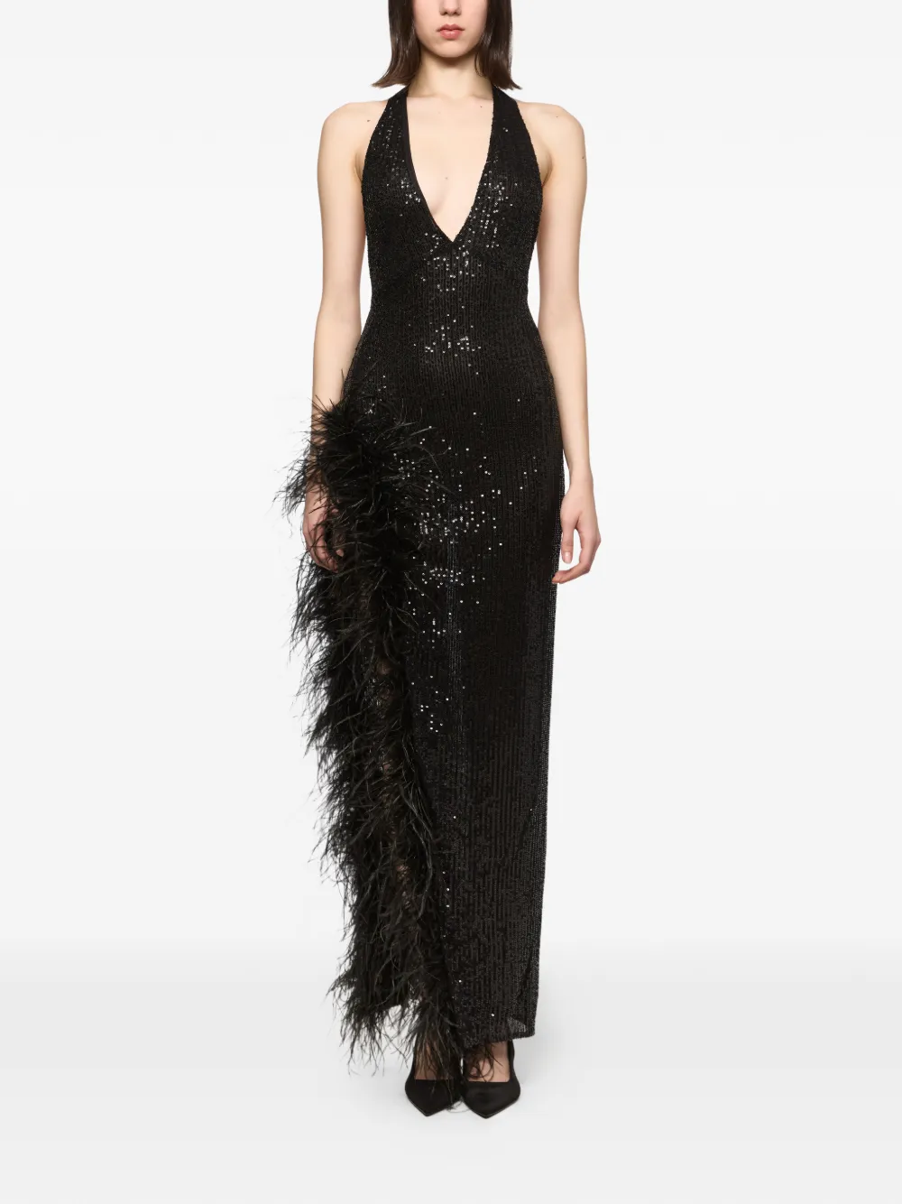 Atu Body Couture feather-trim sequined maxi dress - Black