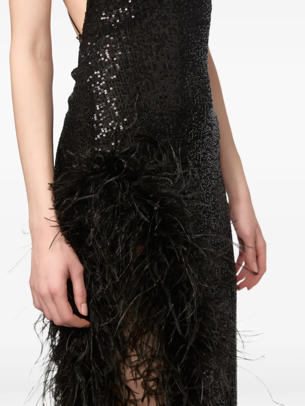 Atu Body Couture Maxi-jurk met afwerking van veren en pailletten Zwart