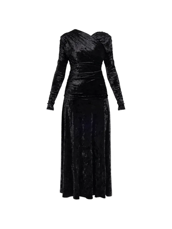Ganni Maxi Draped Long-sleeved Velvet Effect Dress - Black