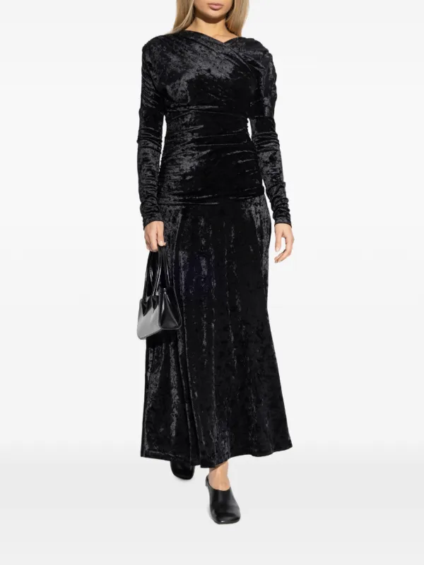 Ganni Maxi Draped Long-sleeved Velvet Effect Dress - Black