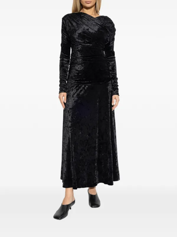 Ganni Maxi Draped Long-sleeved Velvet Effect Dress - Black