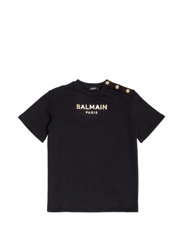 BALMAIN PARIS Tシャツ ゴールドボタン ブラック XS Balmain Kids gold-button Logo T-shirt | Black | FARFETCH JO