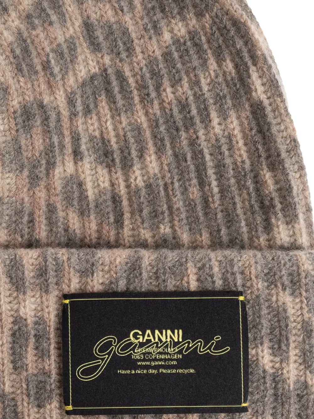  Ganni Leopard Logo Beanie Hat - Brown 