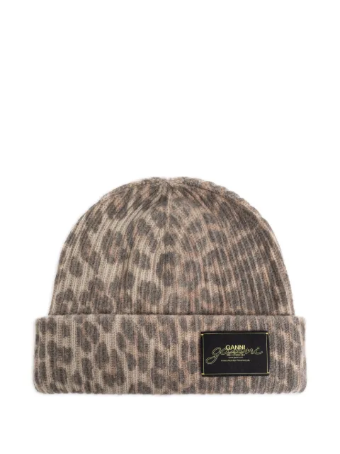 GANNI leopard logo beanie hat