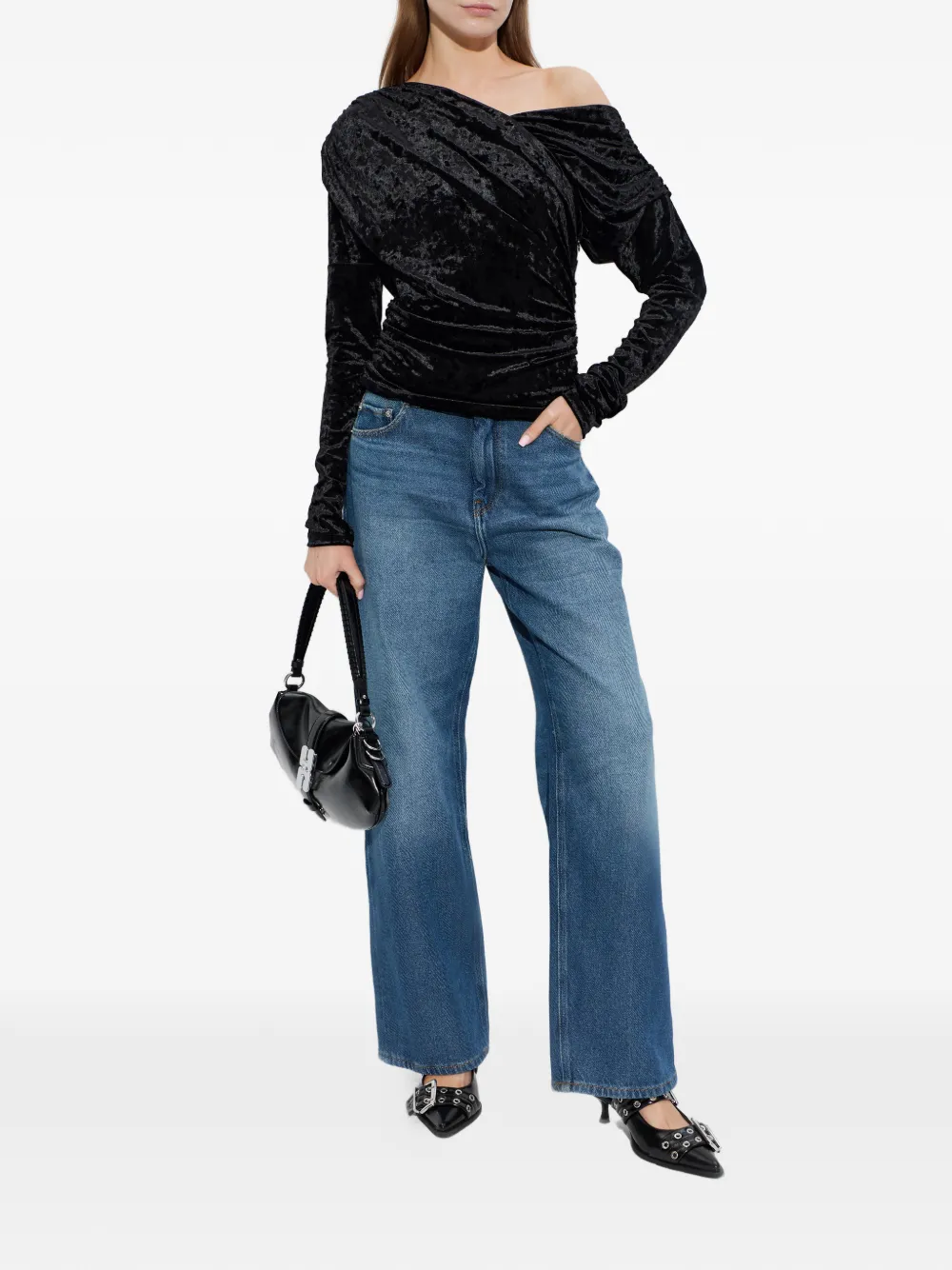  Ganni Long-sleeve One-shoulder Top - Black 