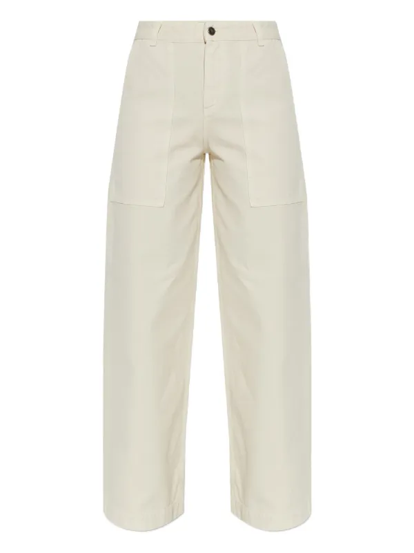 Moncler Leather Logo Cotton Trousers in Neutrals