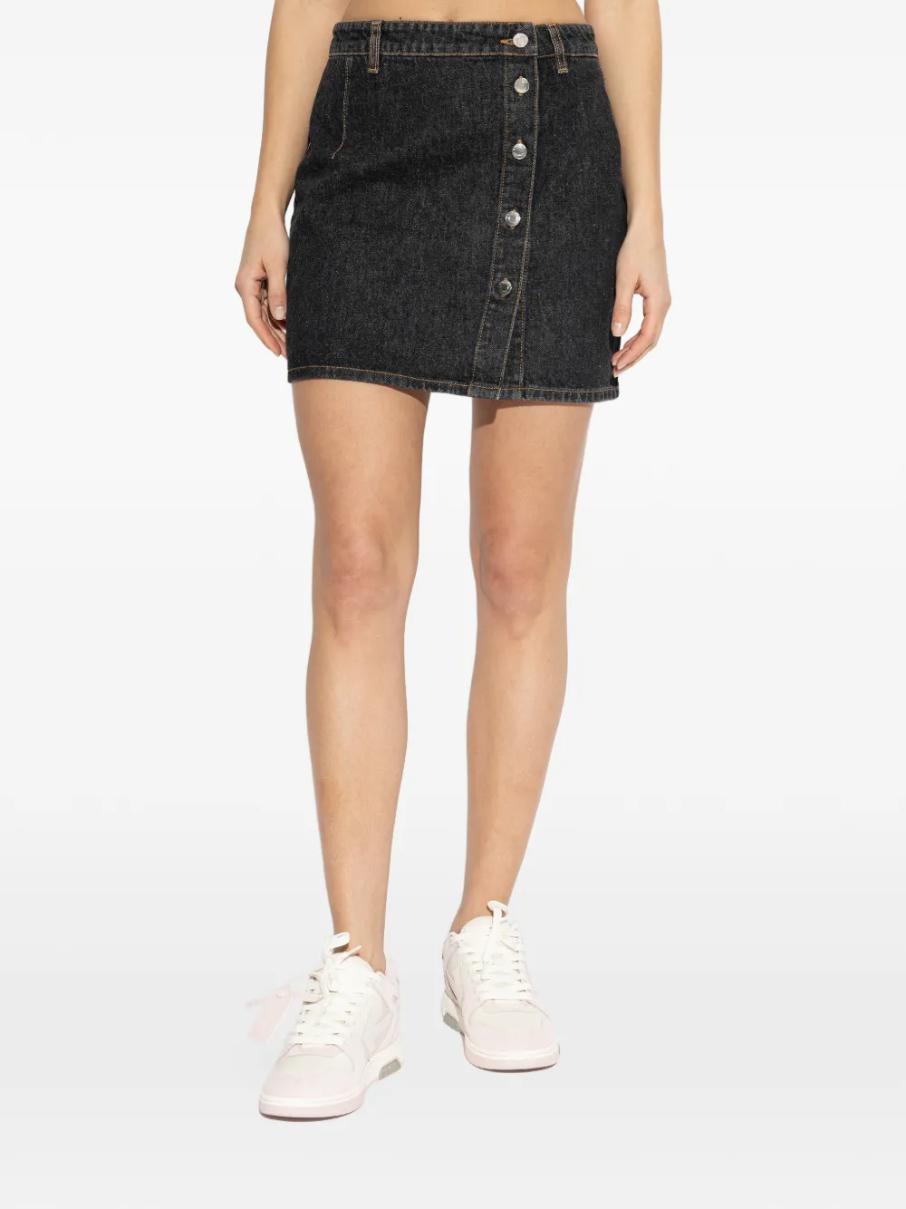 Button-Fastening Mini Denim Skirt