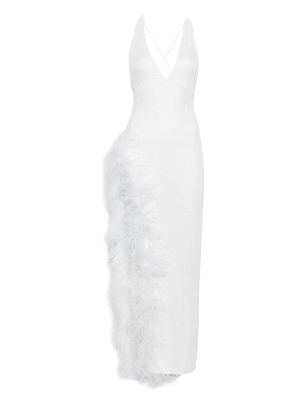 Atu Body Couture feather-trim V-neck maxi dress - Bianco