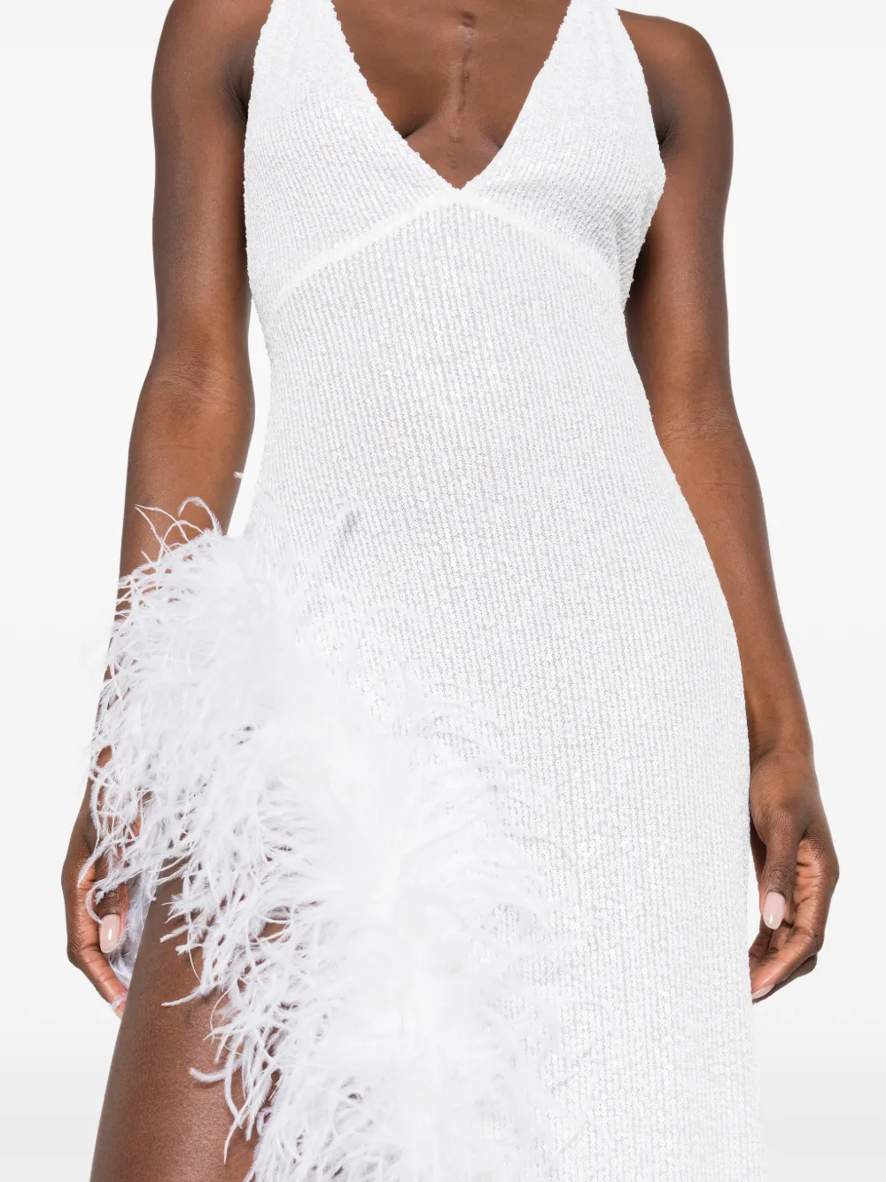 Atu Body Couture Maxi-jurk met V-hals en veren afwerking Wit