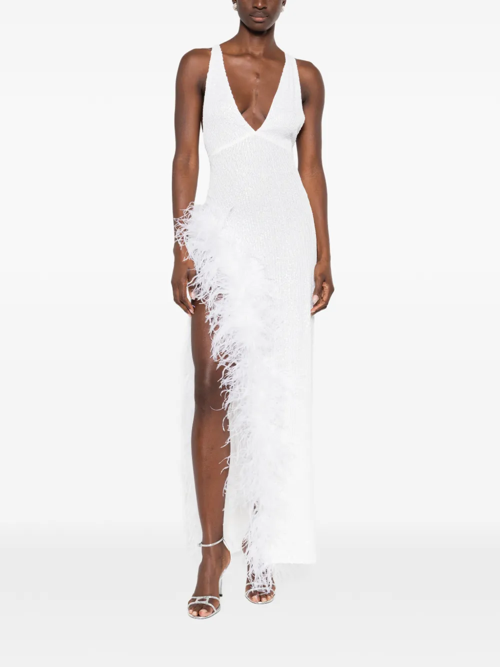 Atu Body Couture feather-trim V-neck maxi dress - Wit