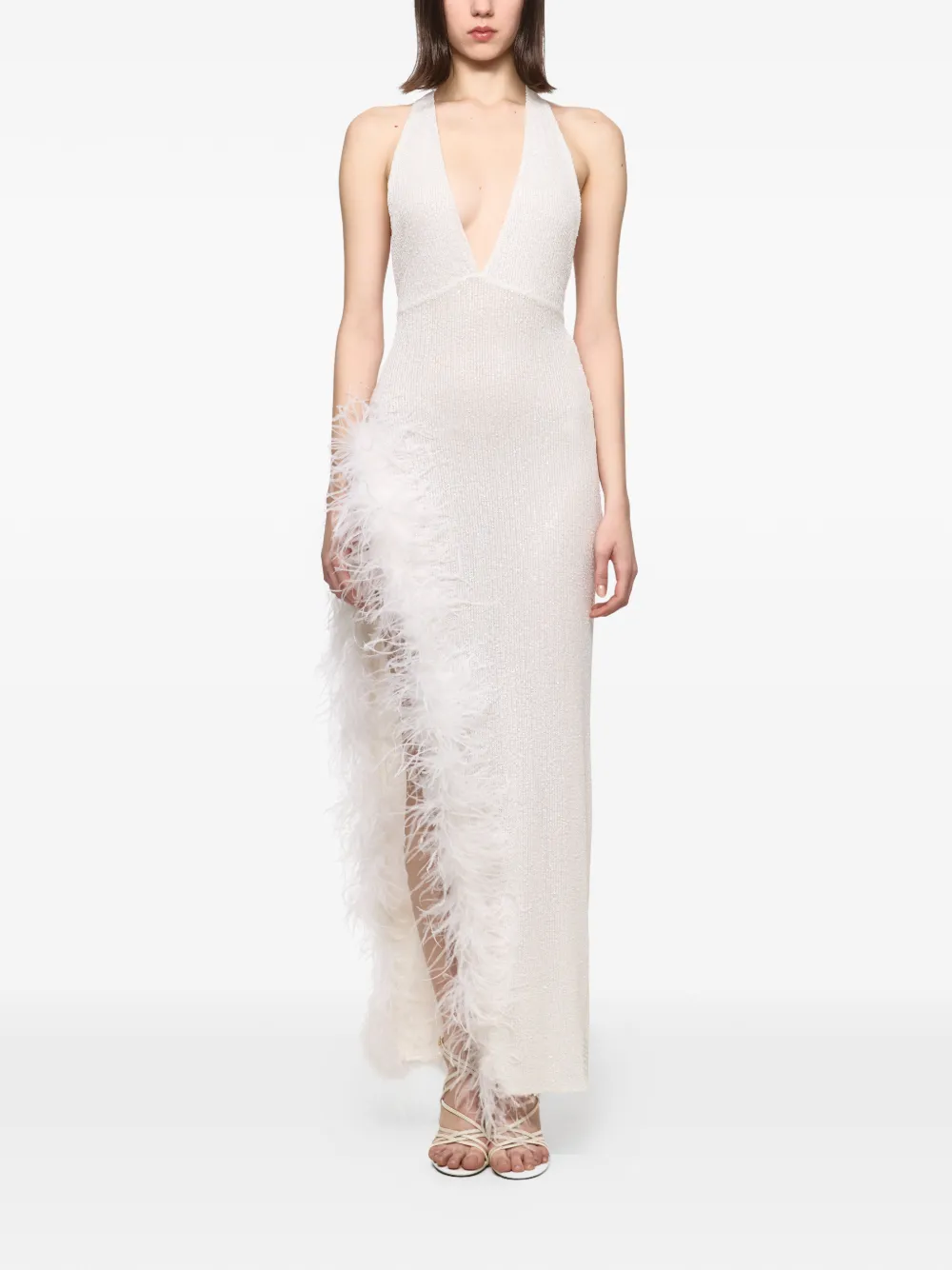 Atu Body Couture feather-trim V-neck maxi dress - Bianco