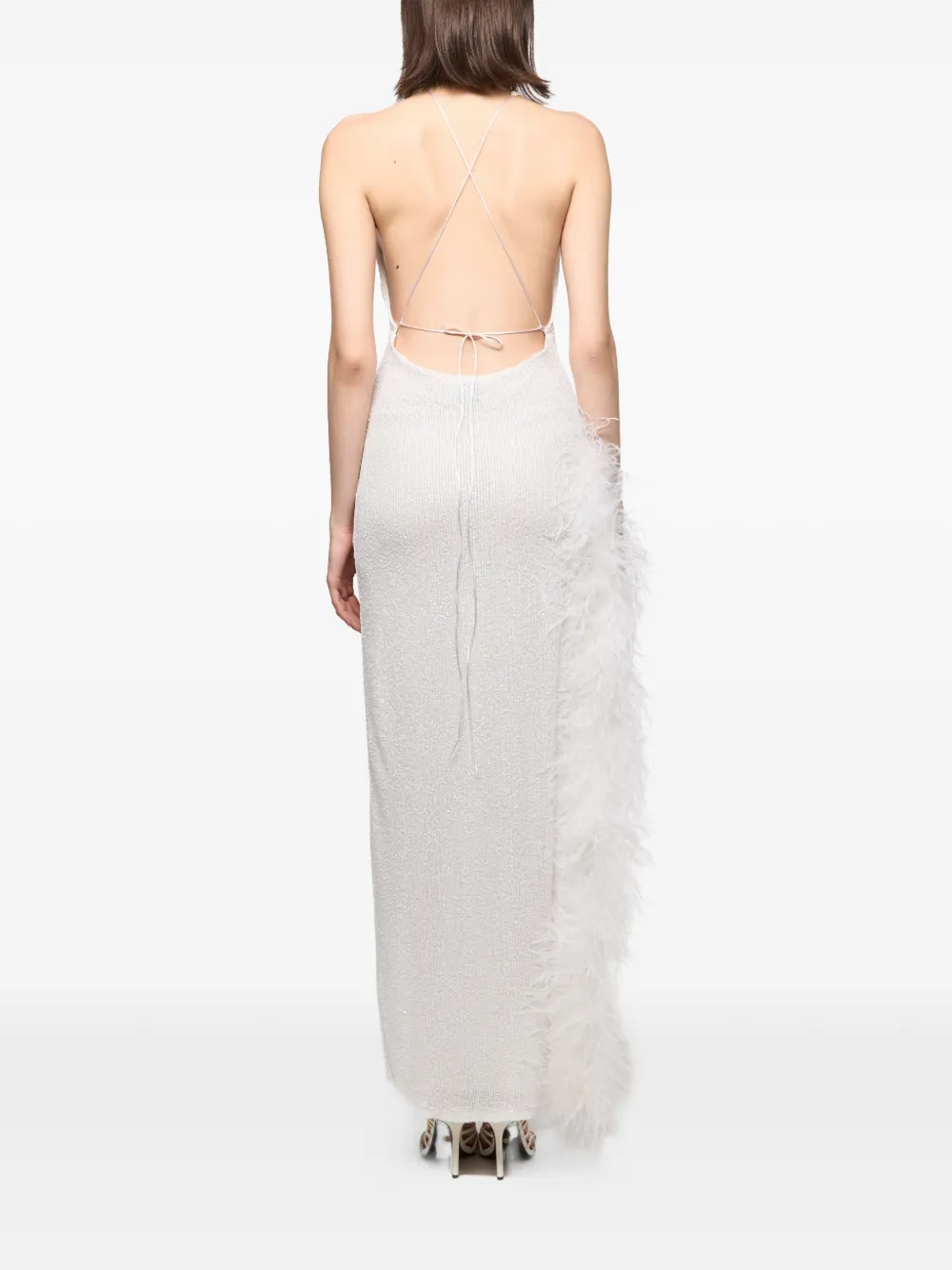 Atu Body Couture Maxi-jurk met V-hals en veren afwerking Wit
