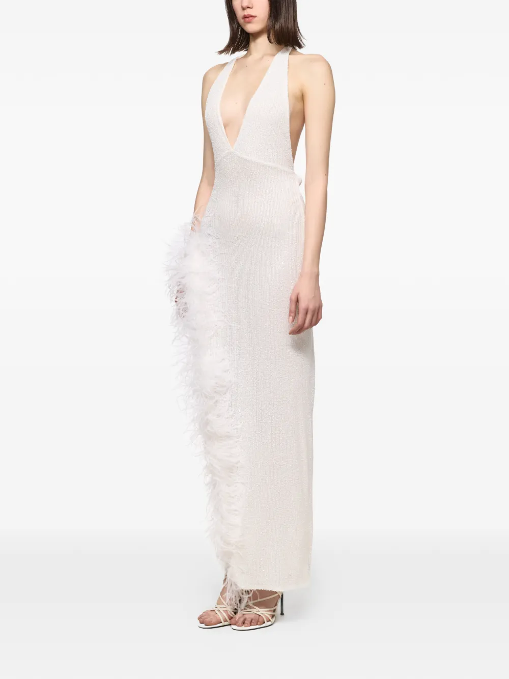 Atu Body Couture Maxi-jurk met V-hals en veren afwerking Wit